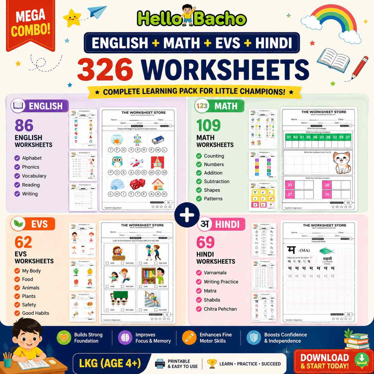 Worksheets for Kids (326 Pages) Age (2-6) – English, Hindi, Math & EVS