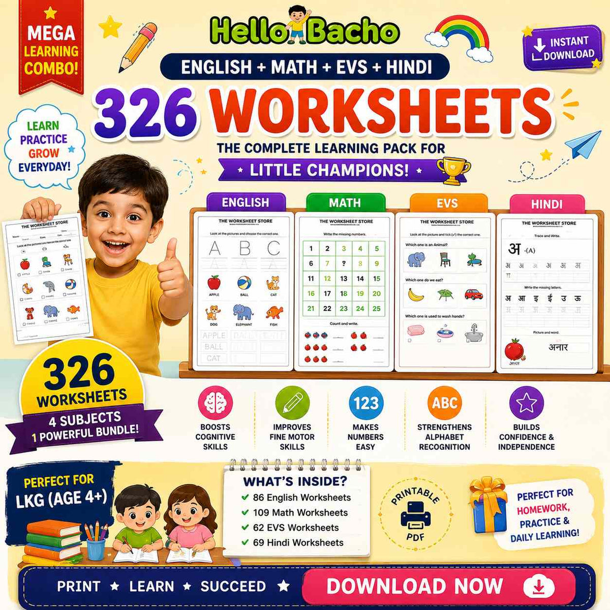 Worksheets for Kids (326 Pages) Age (2-6) – English, Hindi, Math & EVS