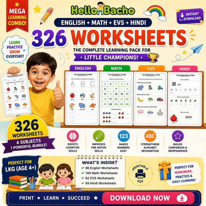 Worksheets for Kids (326 Pages) Age (2-6) – English, Hindi, Math & EVS