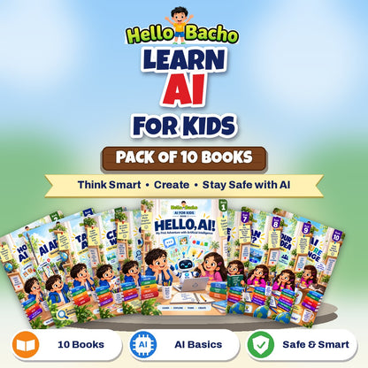 Hello Bacho Learn AI for Kids books, pack of 10 books with Byte the robot