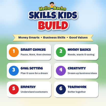 Skills kids build with entrepreneur books: smart choices, money basics, teamwork